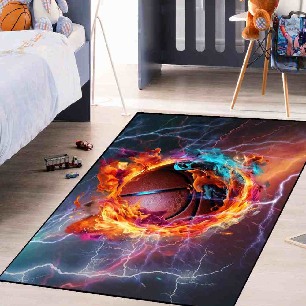 Vibrant Swirling Fire Basketball Kids Playroom Floor Mat | CozyLil