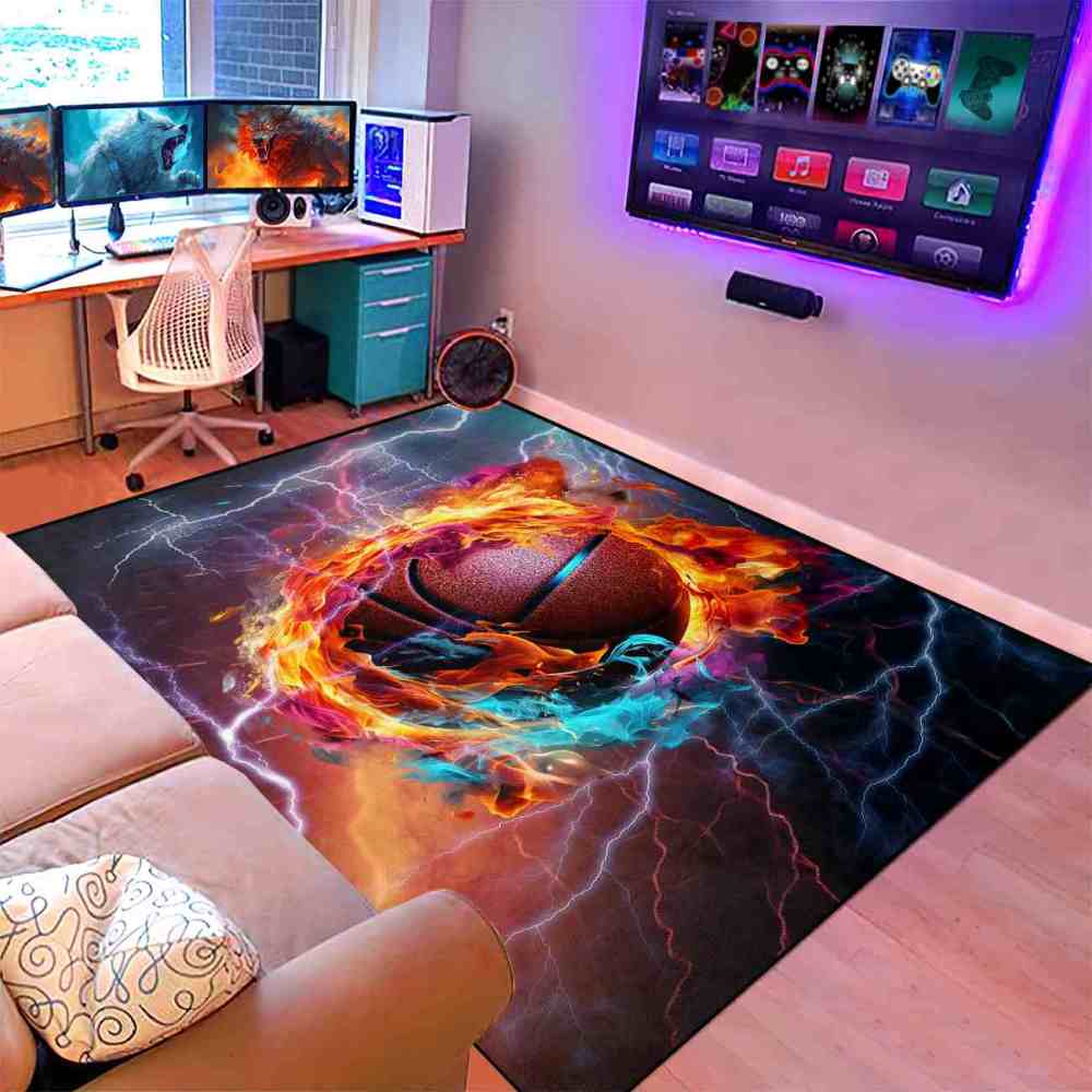 Vibrant Swirling Fire Basketball Kids Playroom Floor Mat | CozyLil