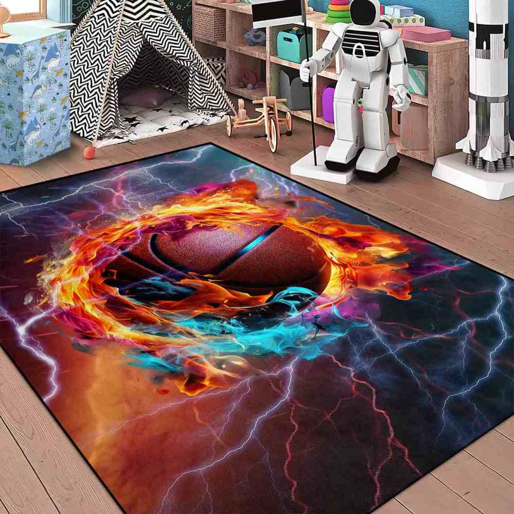 Vibrant Swirling Fire Basketball Kids Playroom Floor Mat | CozyLil
