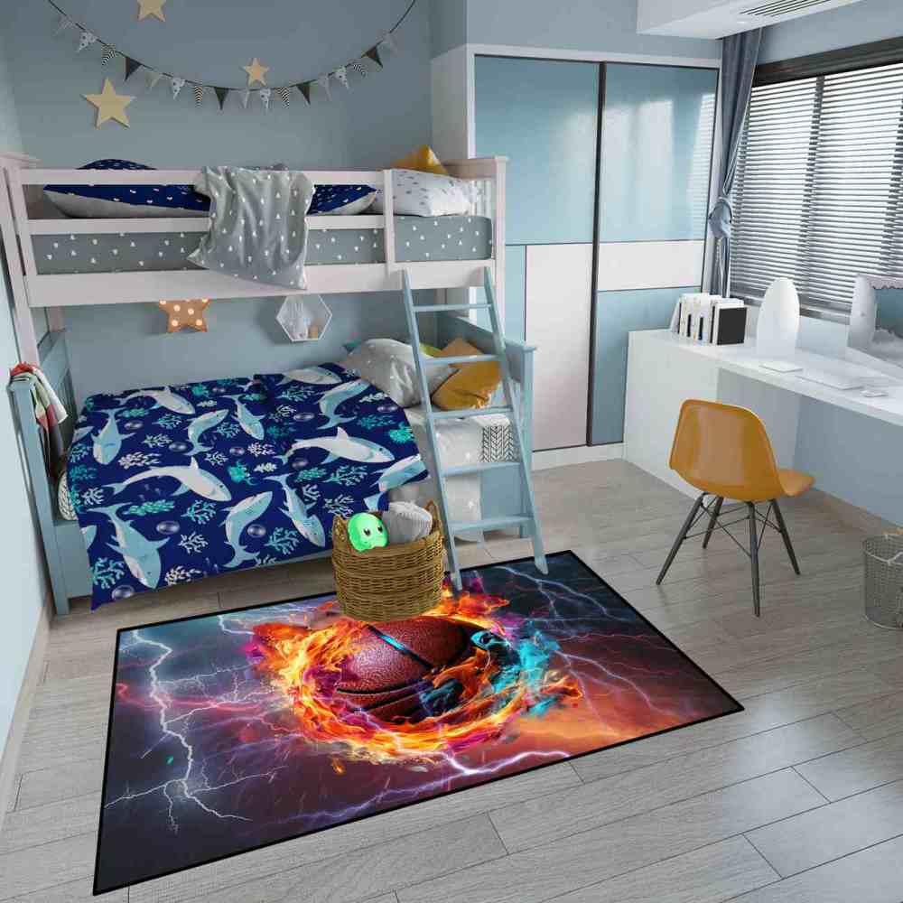 Vibrant Swirling Fire Basketball Kids Playroom Floor Mat | CozyLil