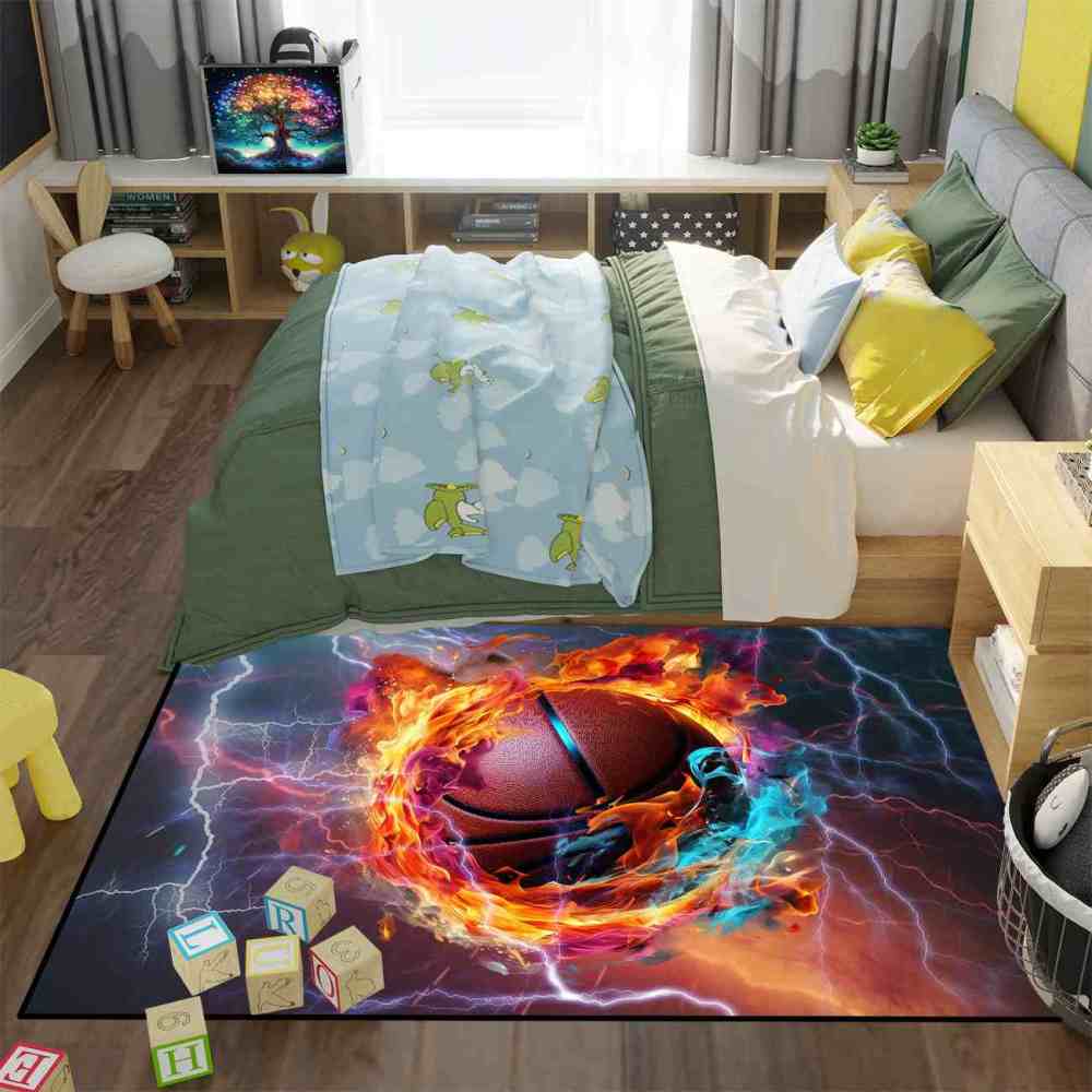 Vibrant Swirling Fire Basketball Kids Playroom Floor Mat | CozyLil