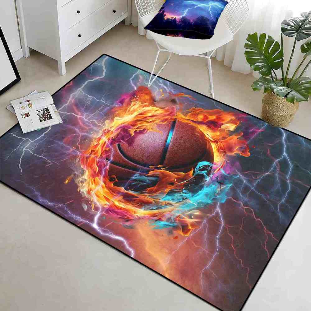 Vibrant Swirling Fire Basketball Kids Playroom Floor Mat | CozyLil