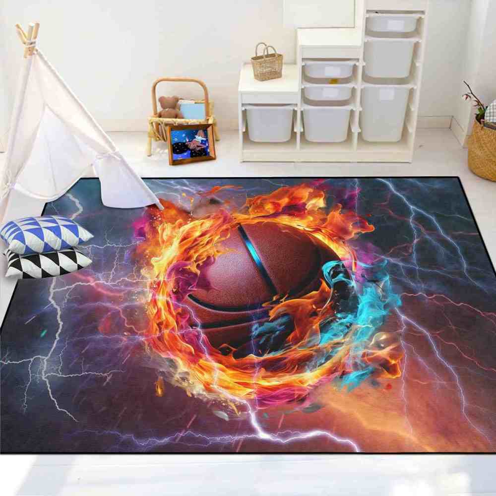 Vibrant Swirling Fire Basketball Kids Playroom Floor Mat | CozyLil