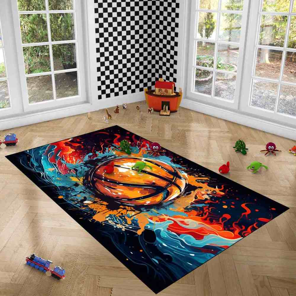 Comic Style Ink Splatter Basketball Kids Playroom Area Rug | CozyLil
