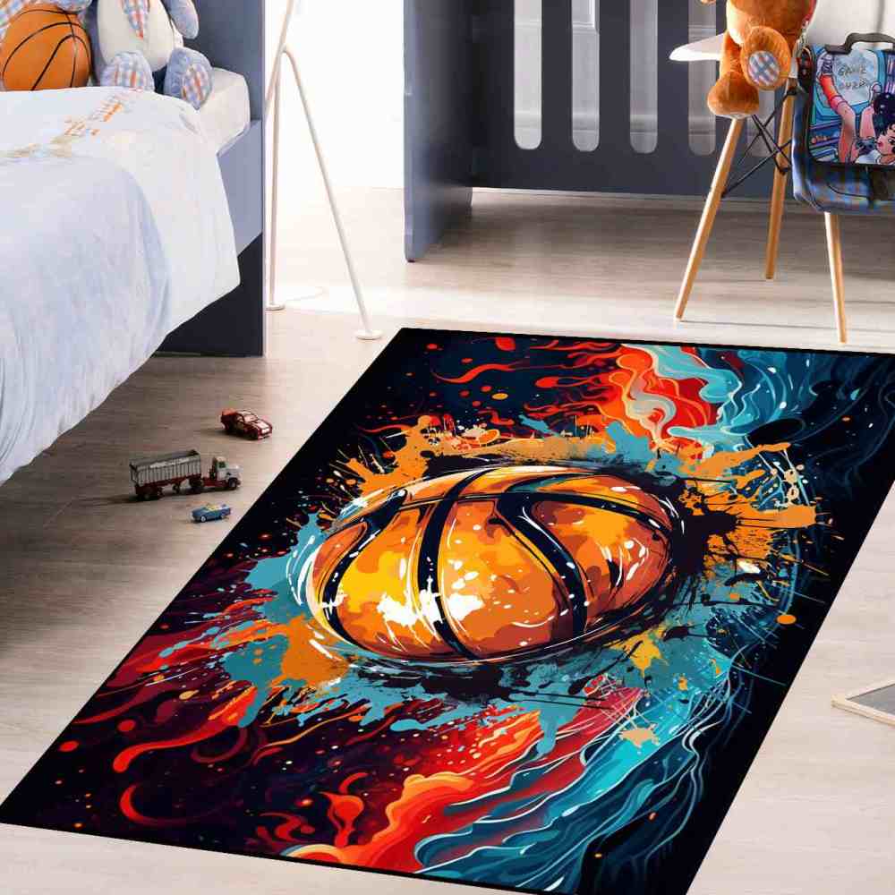 Comic Style Ink Splatter Basketball Kids Playroom Area Rug | CozyLil