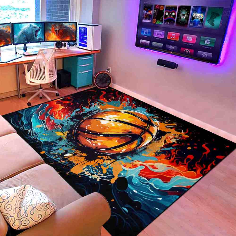 Comic Style Ink Splatter Basketball Kids Playroom Area Rug | CozyLil