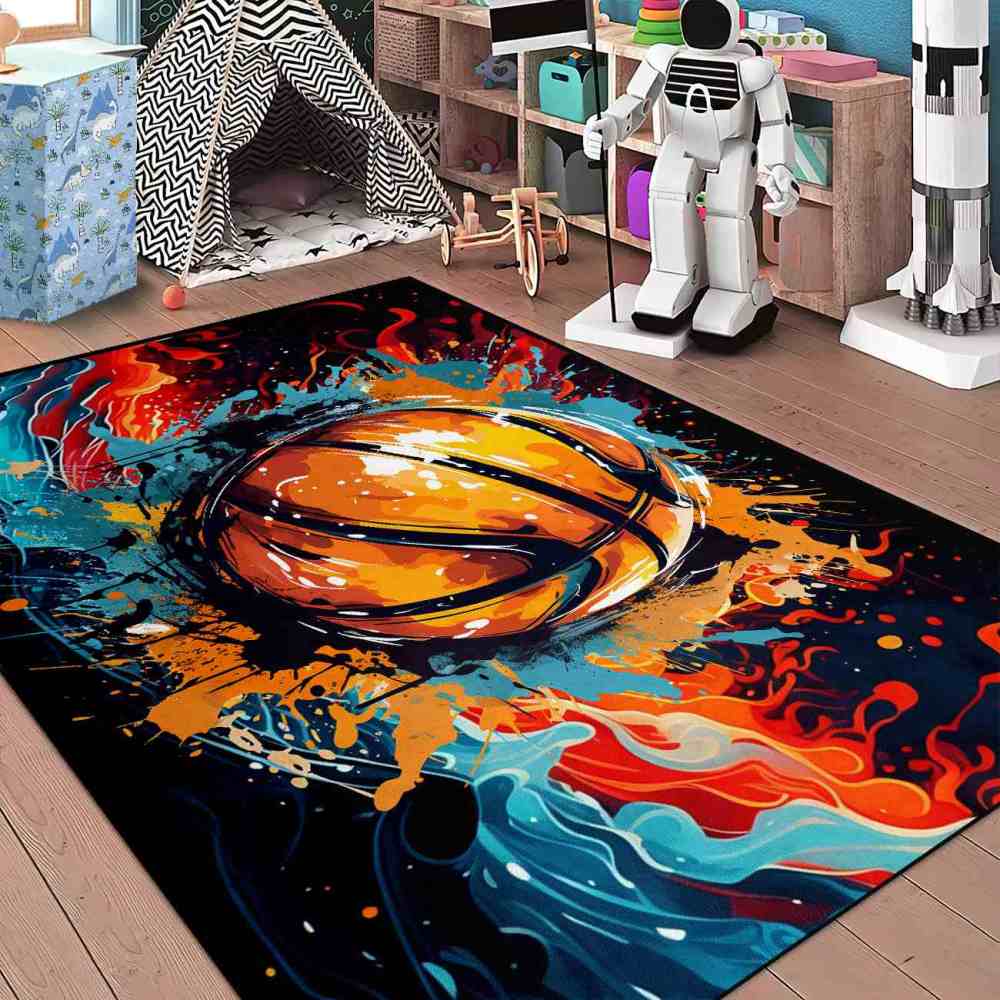 Comic Style Ink Splatter Basketball Kids Playroom Area Rug | CozyLil