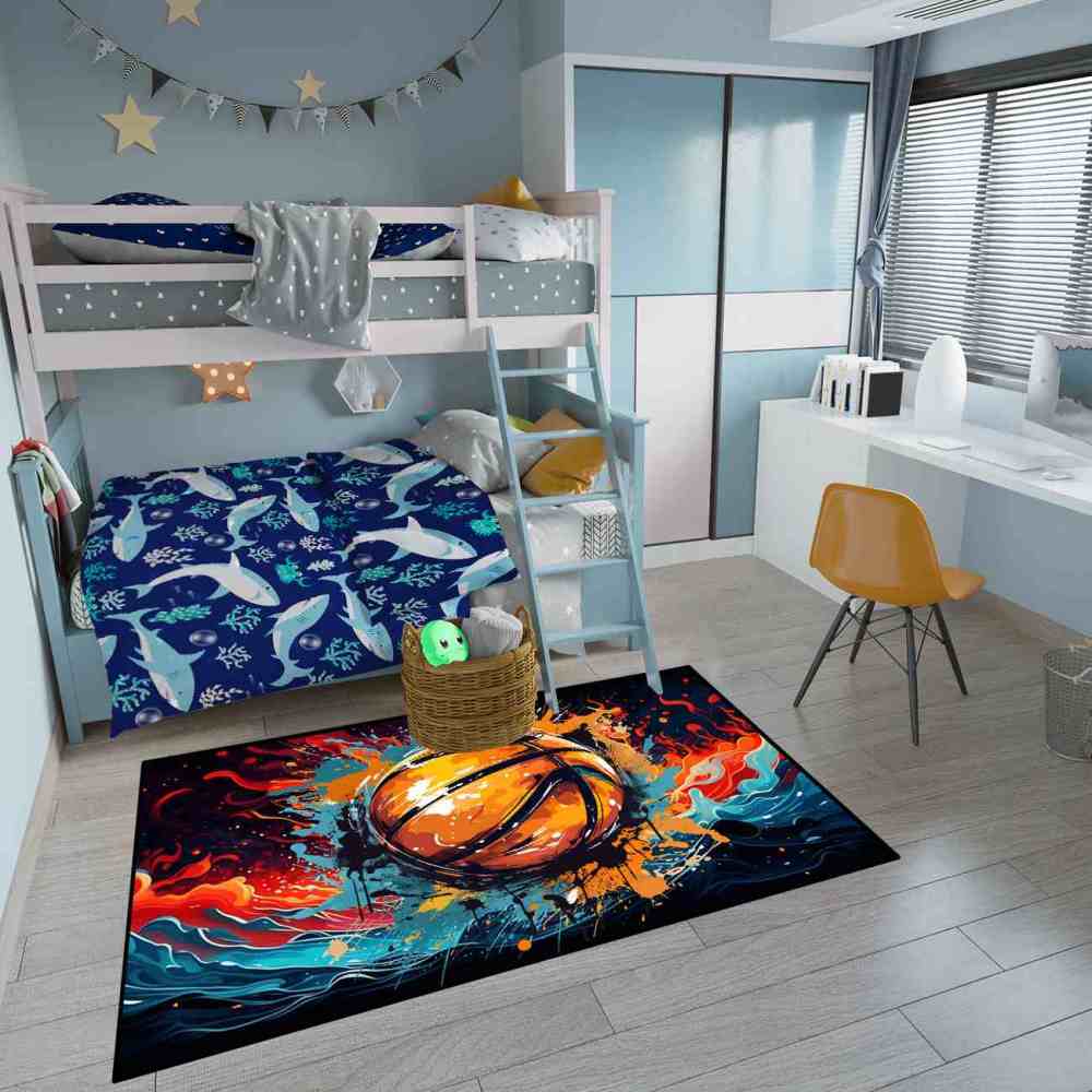 Comic Style Ink Splatter Basketball Kids Playroom Area Rug | CozyLil