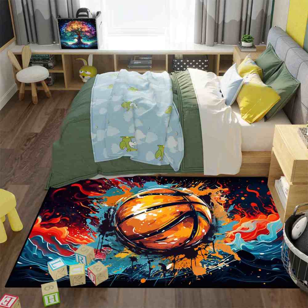 Comic Style Ink Splatter Basketball Kids Playroom Area Rug | CozyLil