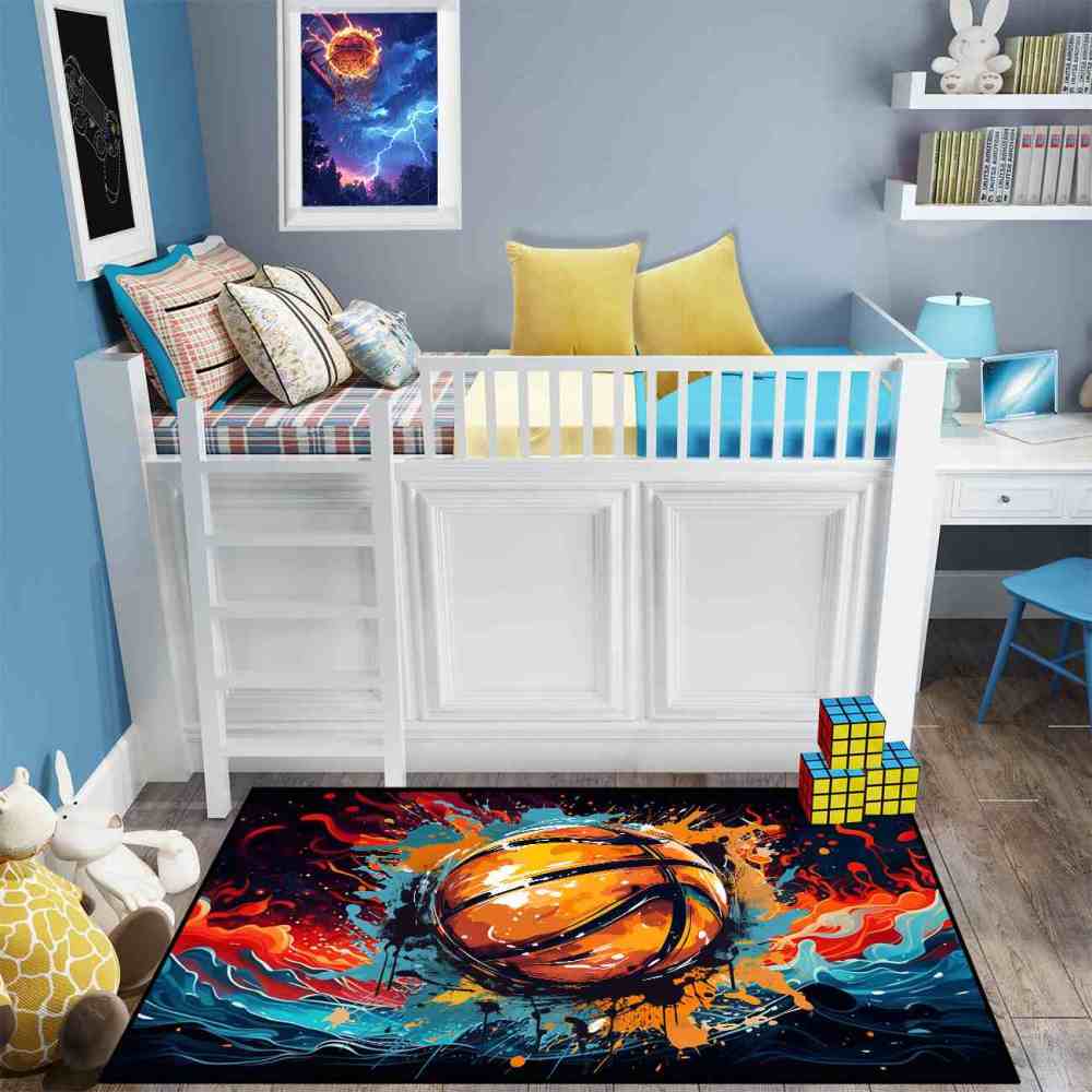 Comic Style Ink Splatter Basketball Kids Playroom Area Rug | CozyLil