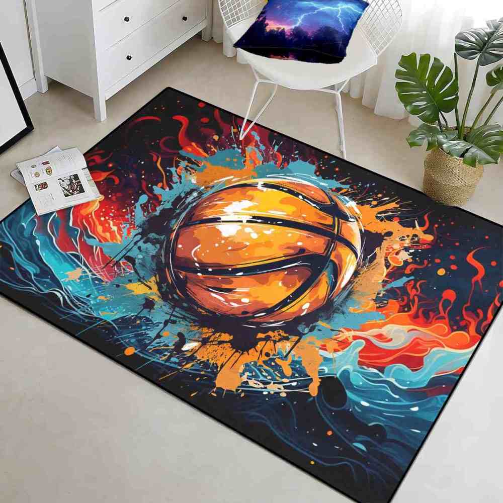 Comic Style Ink Splatter Basketball Kids Playroom Area Rug | CozyLil