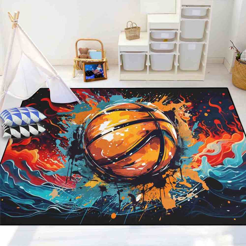 Comic Style Ink Splatter Basketball Kids Playroom Area Rug | CozyLil