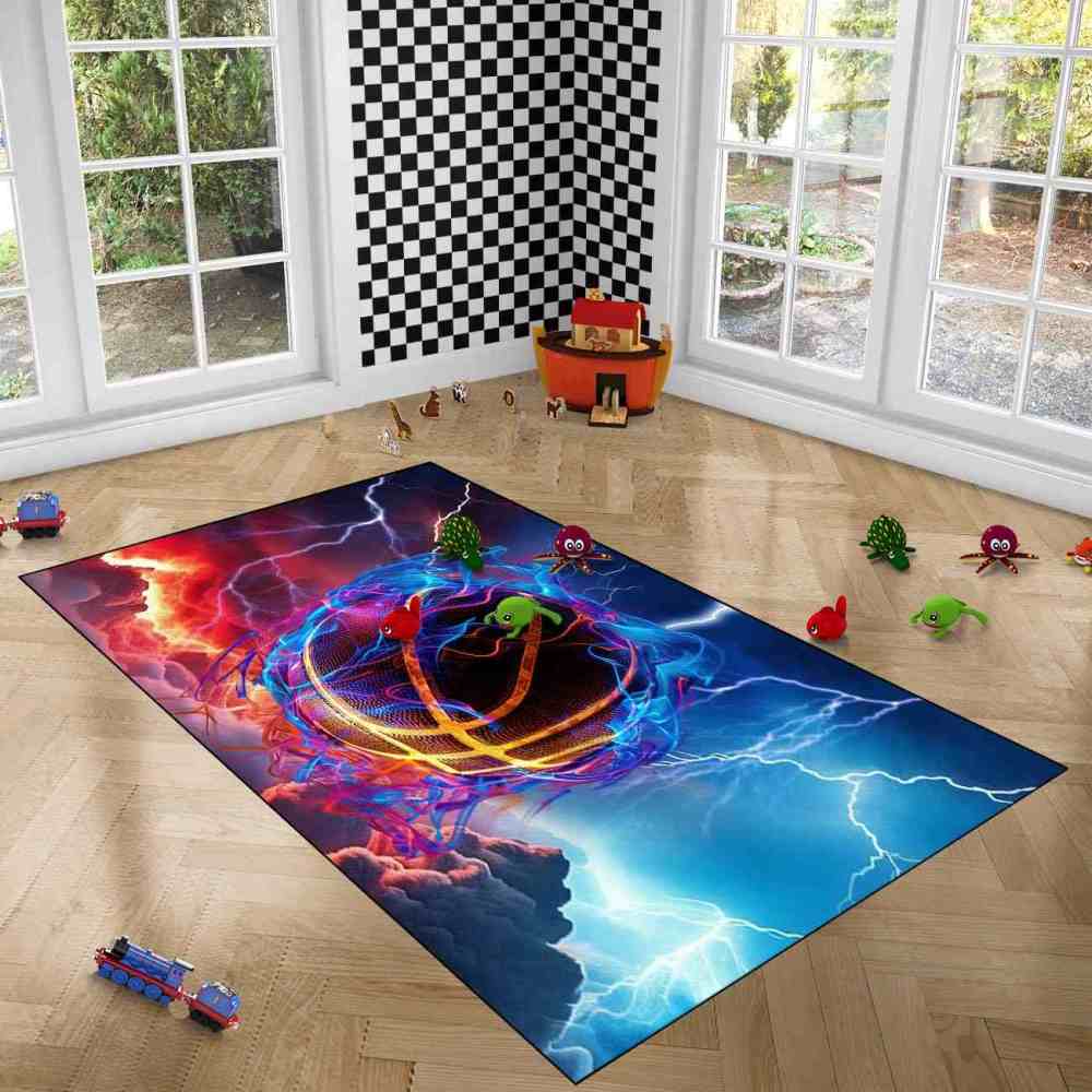 Vibrant Energy Vortex Basketball Kids Playroom Area Rug | CozyLil