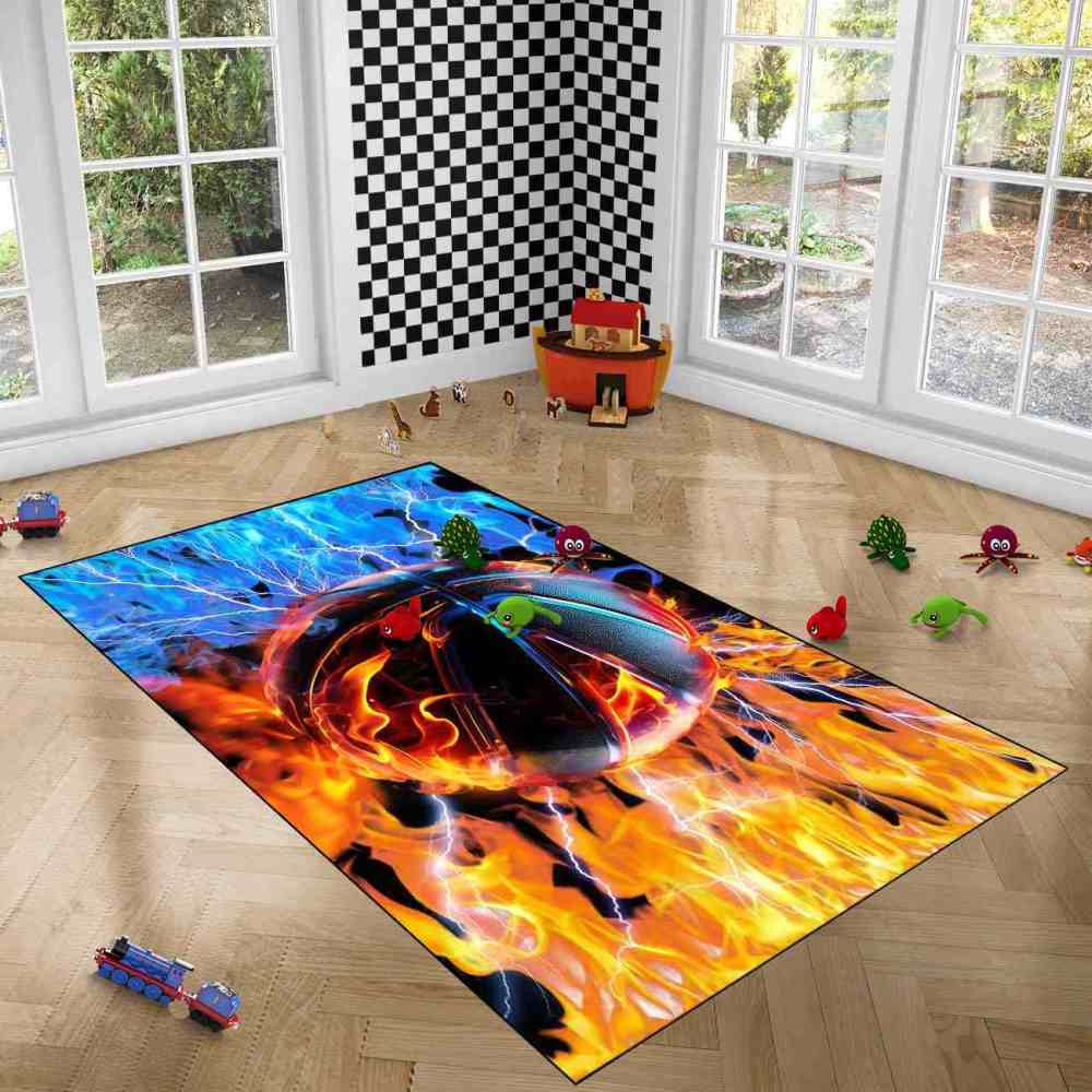 Ice and Fire Basketball Kids Playroom Floor Rug | CozyLil