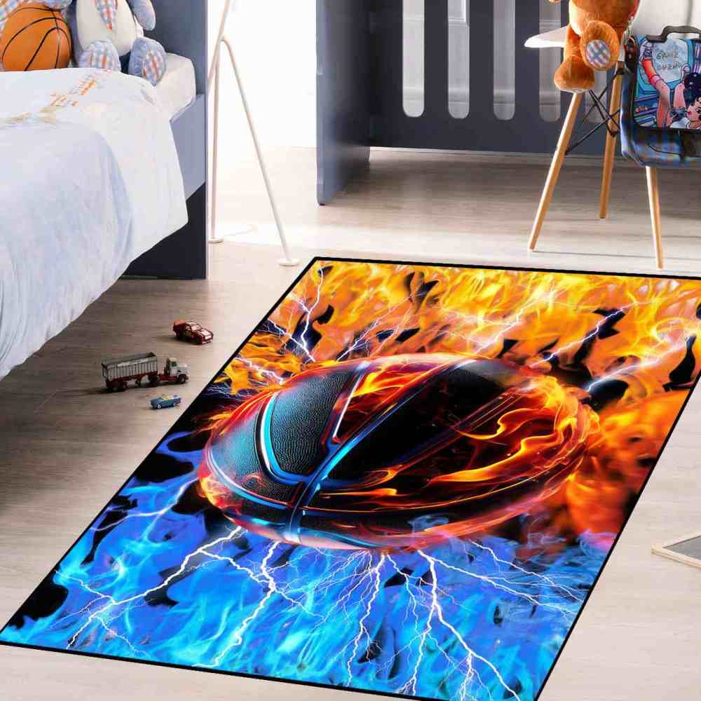 Ice and Fire Basketball Kids Playroom Floor Rug | CozyLil