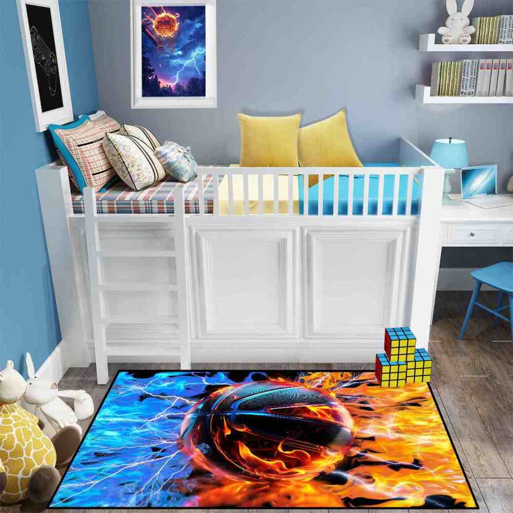 Ice and Fire Basketball Kids Playroom Floor Rug | CozyLil