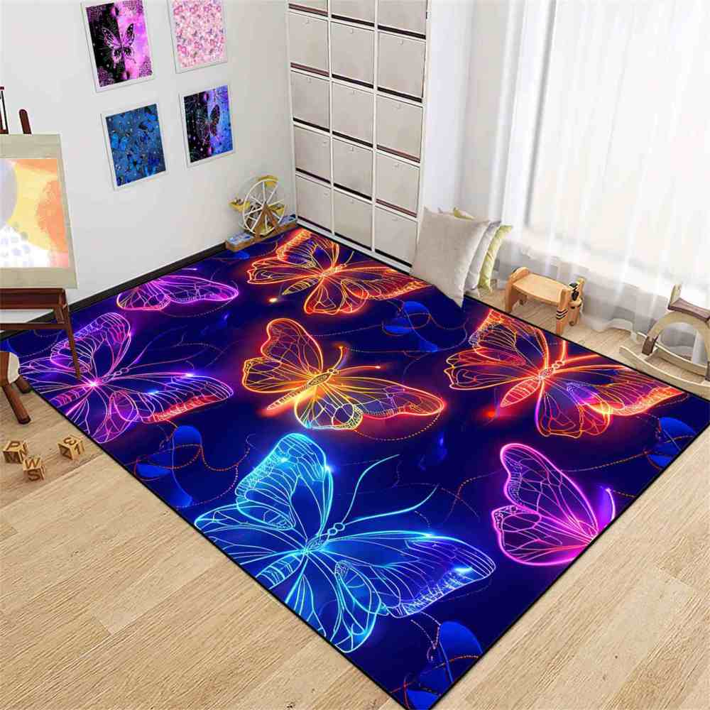 Vibrant Line Art Butterfly Area Rug Modern Teen Room Decor | CozyLil