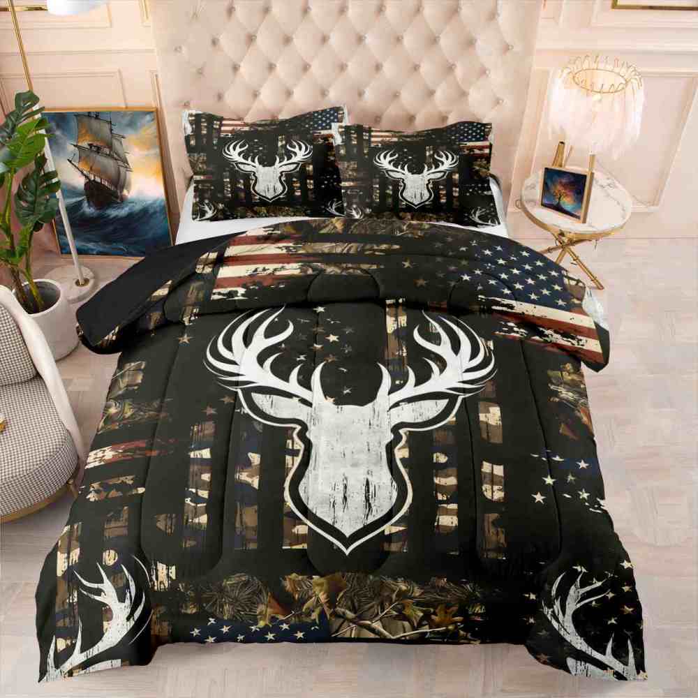 Rustic Flag Antler Comforter Set | Hunting Cabin Decor | CozyLil
