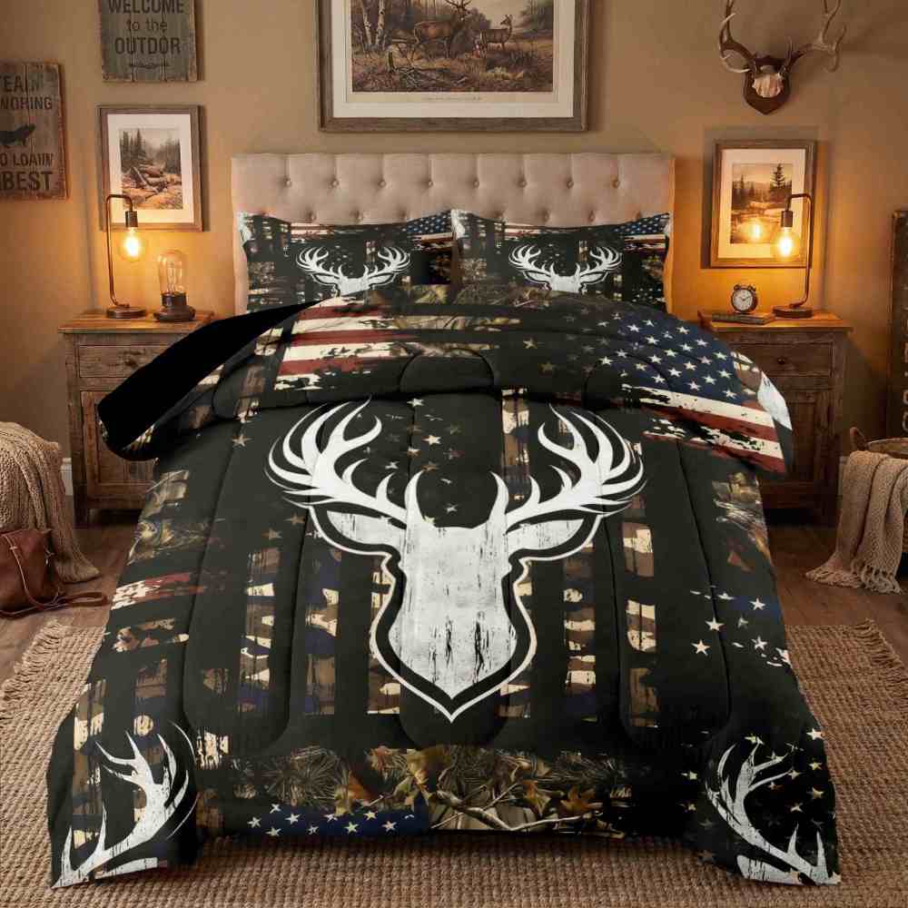 Rustic Flag Antler Comforter Set | Hunting Cabin Decor | CozyLil