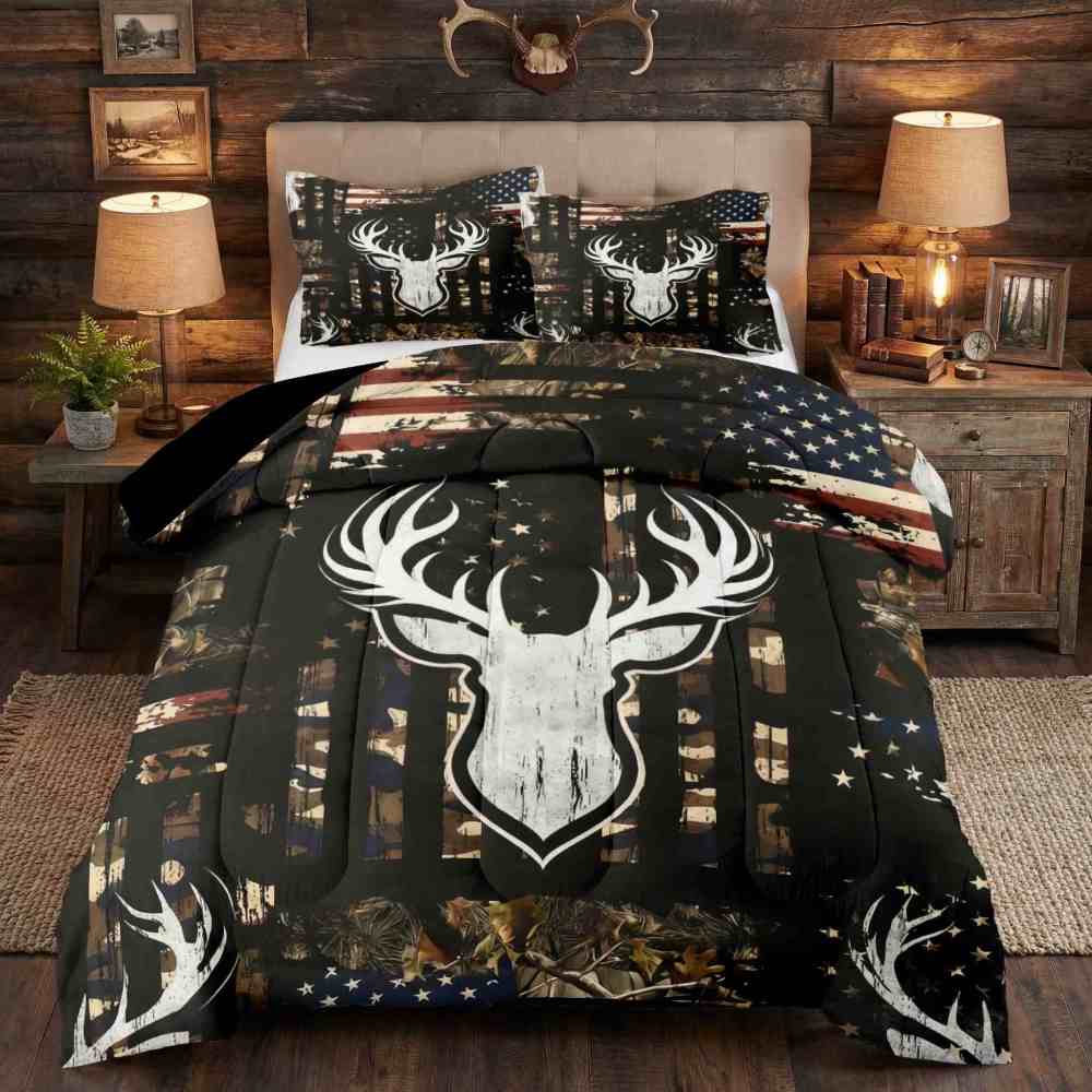 Rustic Flag Antler Comforter Set | Hunting Cabin Decor | CozyLil