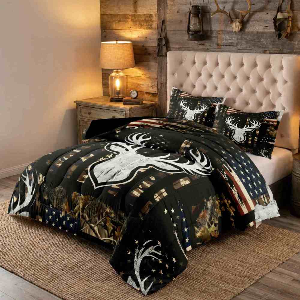Rustic Flag Antler Comforter Set | Hunting Cabin Decor | CozyLil