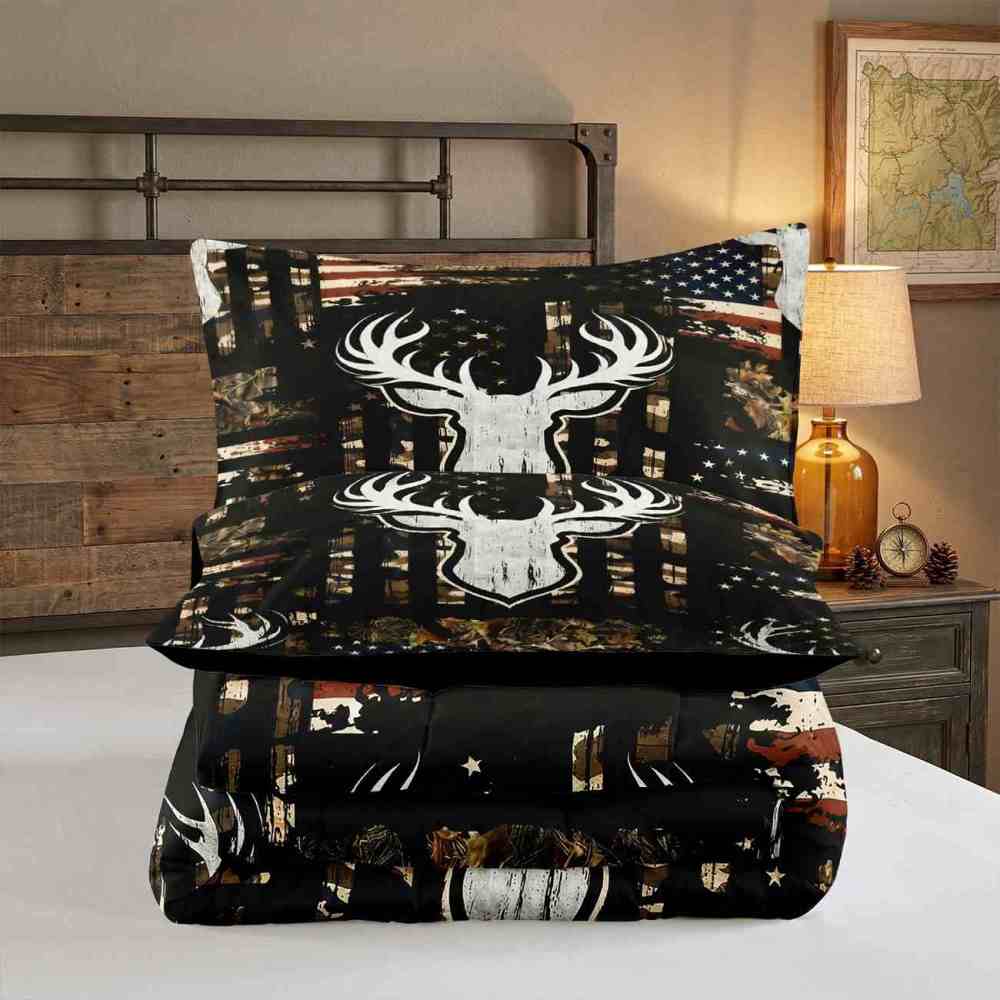 Rustic Flag Antler Comforter Set | Hunting Cabin Decor | CozyLil
