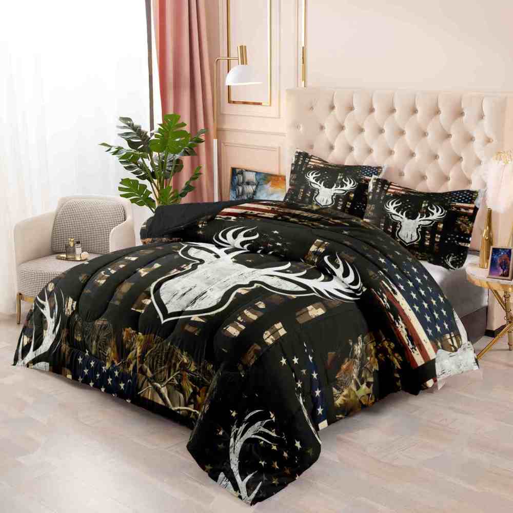Rustic Flag Antler Comforter Set | Hunting Cabin Decor | CozyLil