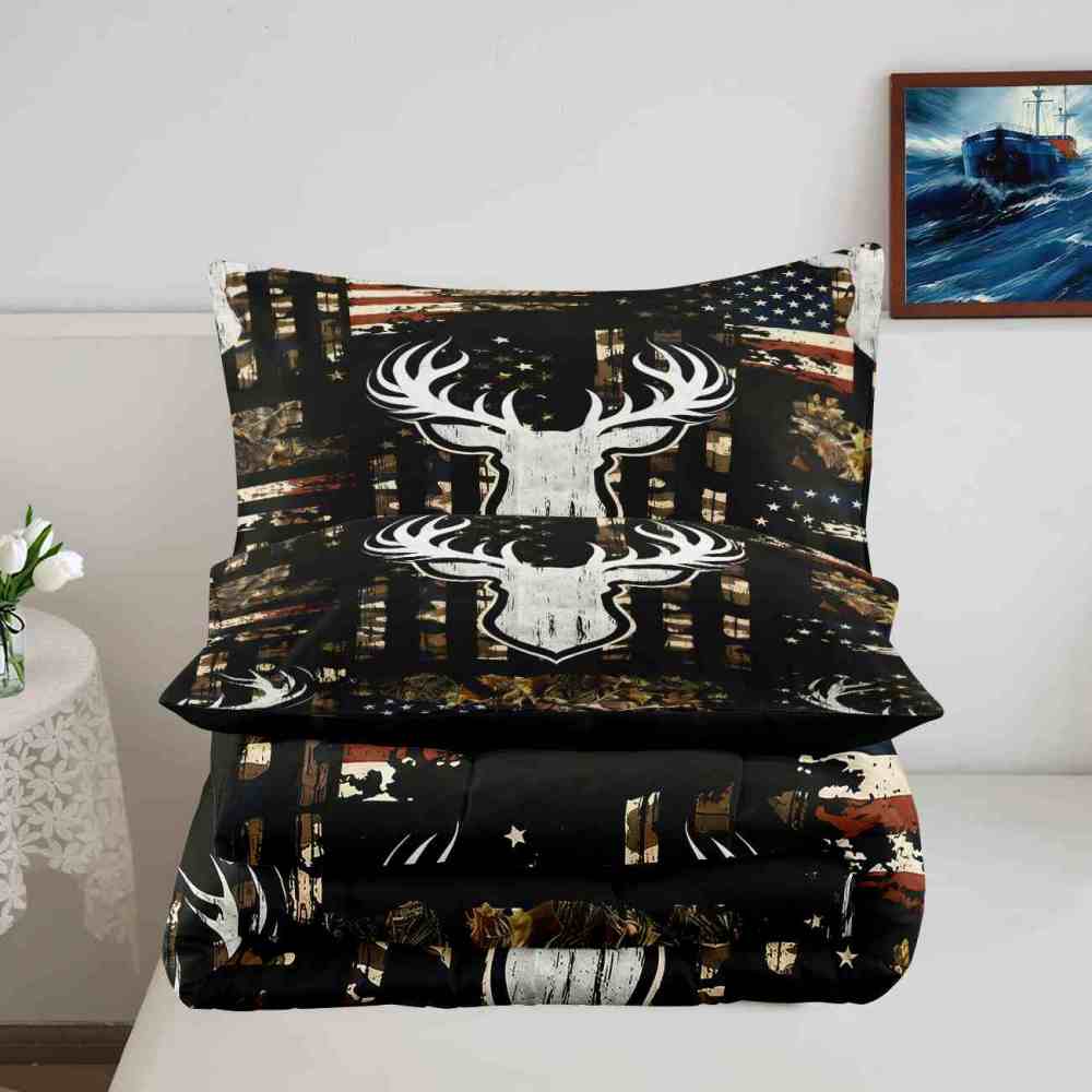 Rustic Flag Antler Comforter Set | Hunting Cabin Decor | CozyLil