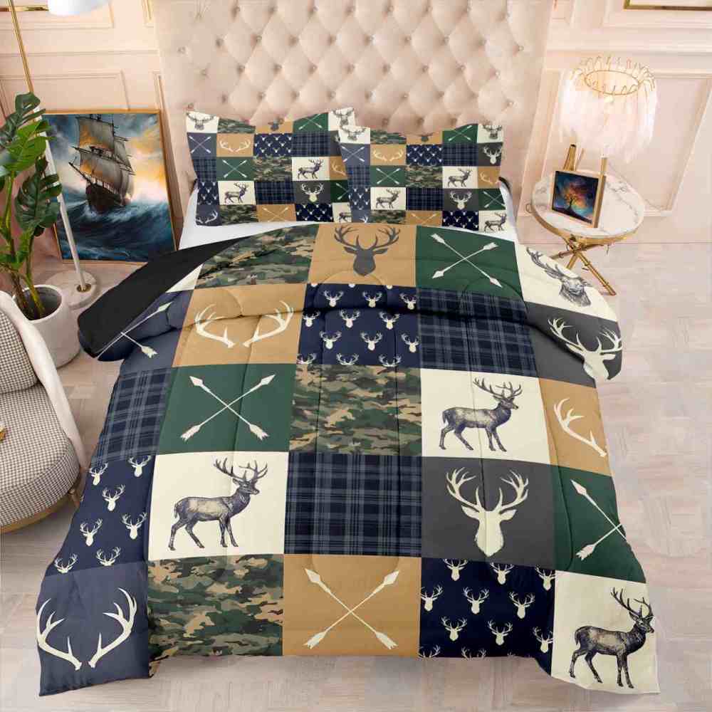 Patchwork Plaid Deer & Camo Comforter Set | Boys Room Bedding | CozyLil