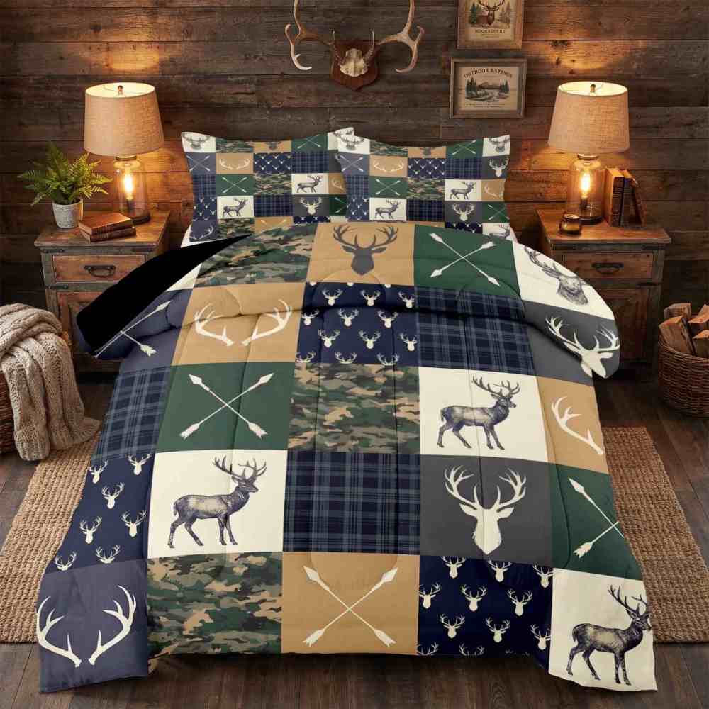 Patchwork Plaid Deer & Camo Comforter Set | Boys Room Bedding | CozyLil