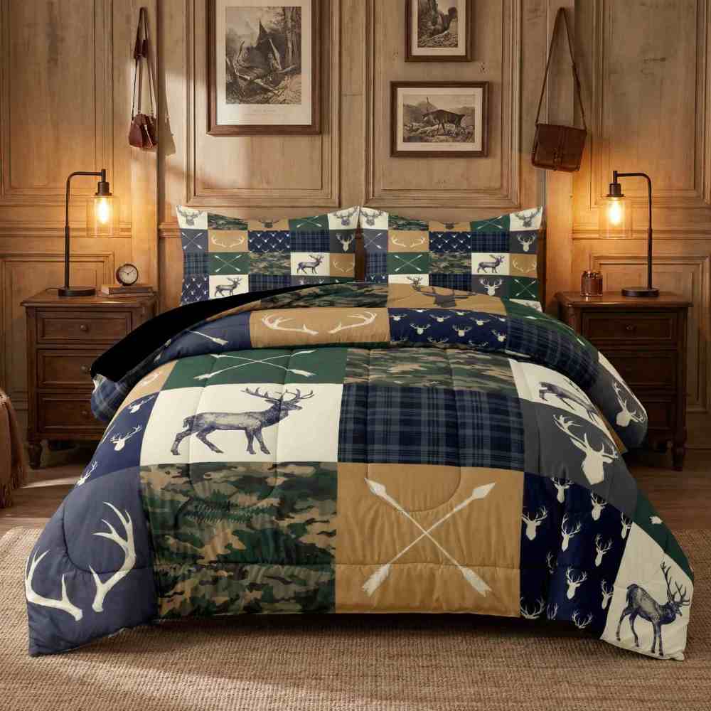 Patchwork Plaid Deer & Camo Comforter Set | Boys Room Bedding | CozyLil