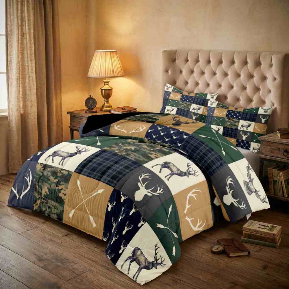 Patchwork Plaid Deer & Camo Comforter Set | Boys Room Bedding | CozyLil