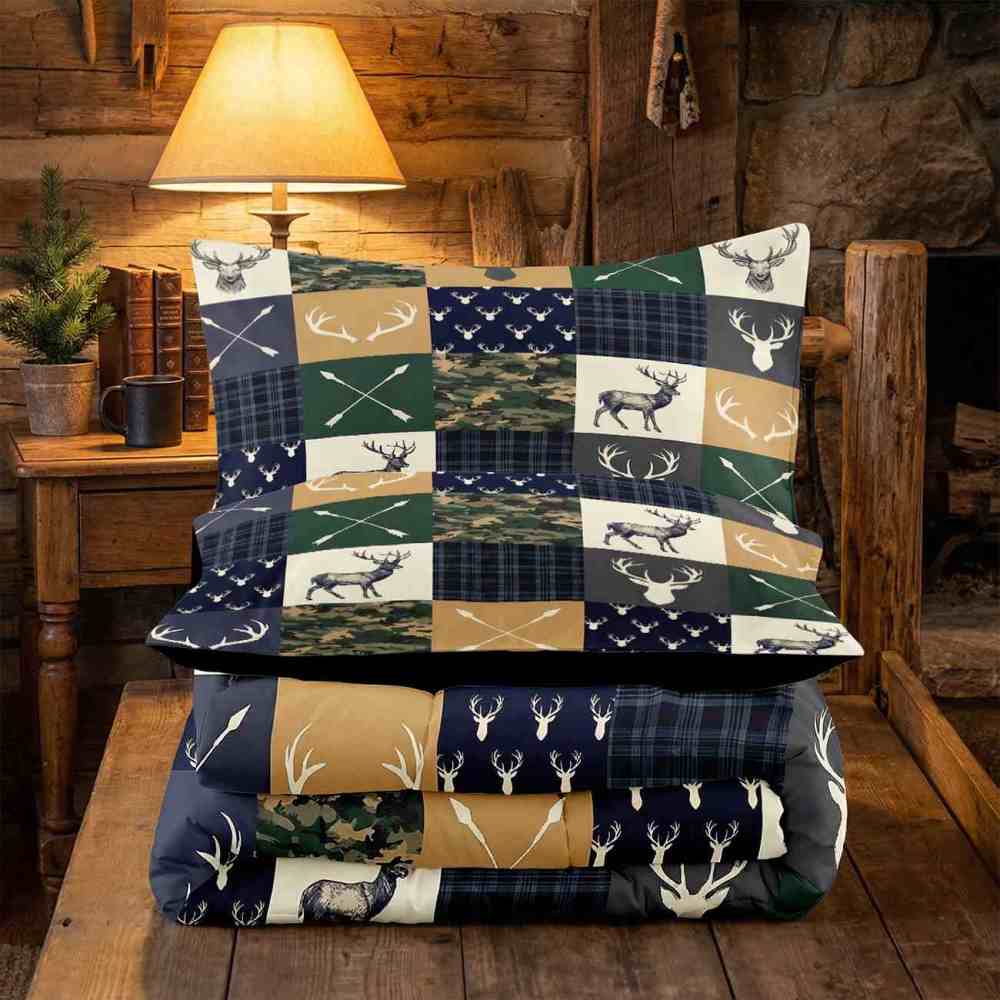 Patchwork Plaid Deer & Camo Comforter Set | Boys Room Bedding | CozyLil