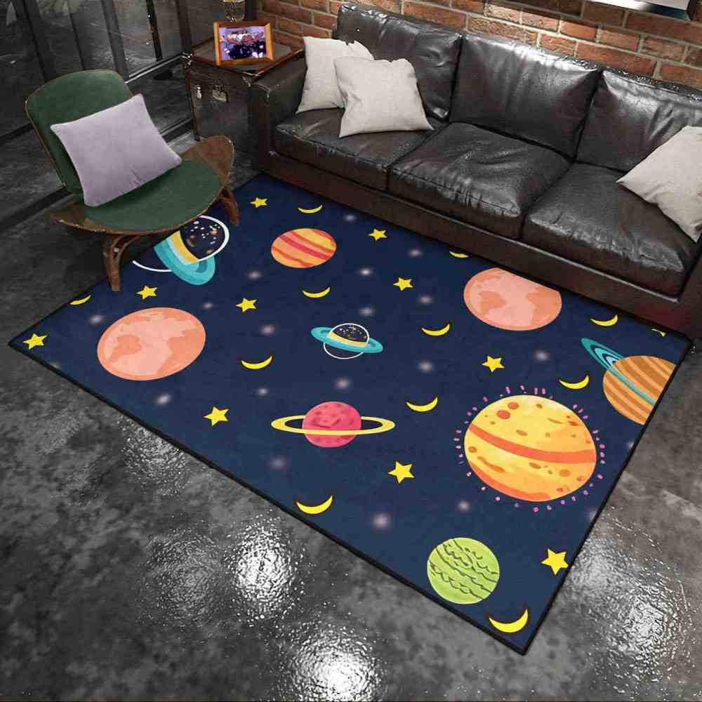 Dark Blue Cosmic Planets & Moons Kids Playroom Rug | CozyLil
