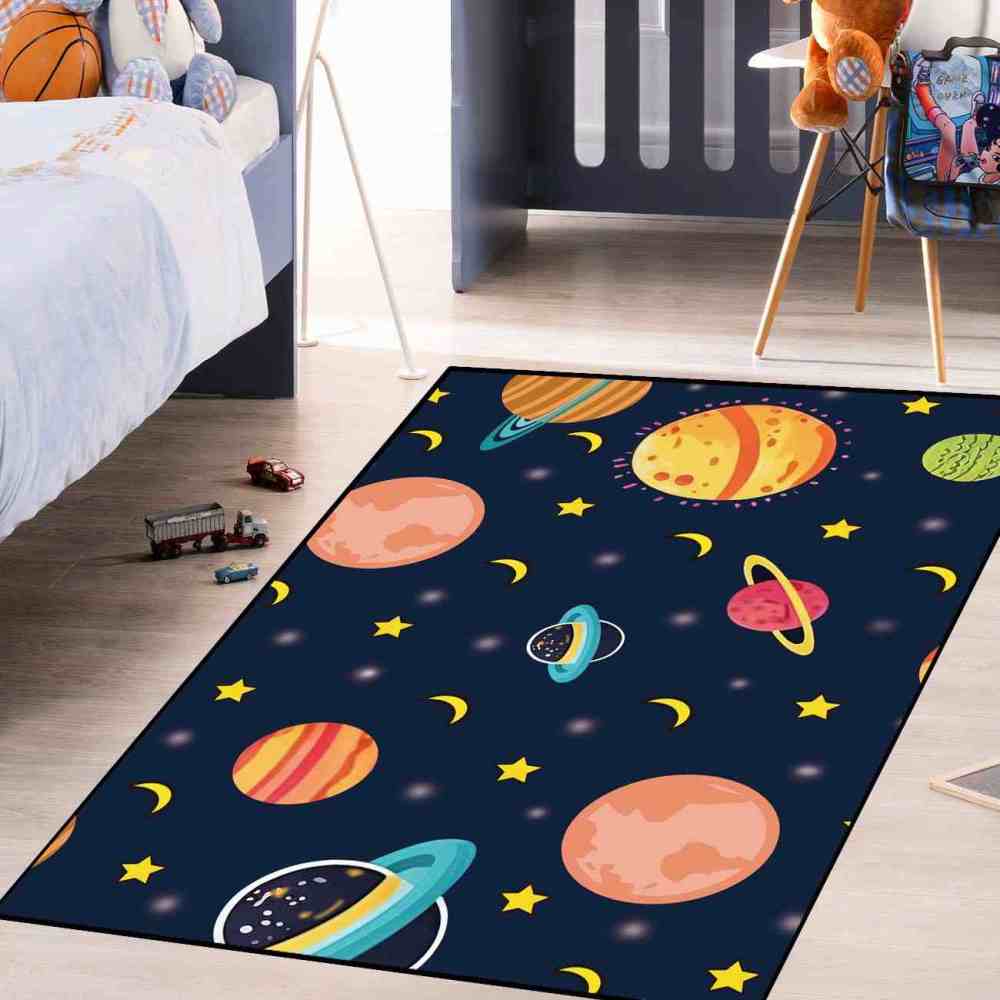 Dark Blue Cosmic Planets & Moons Kids Playroom Rug | CozyLil