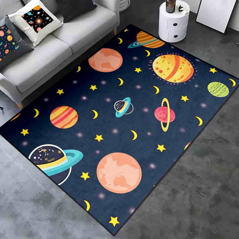 Dark Blue Cosmic Planets & Moons Kids Playroom Rug | CozyLil