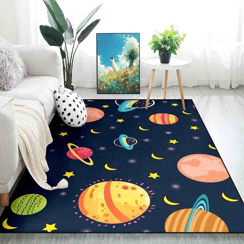 Dark Blue Cosmic Planets & Moons Kids Playroom Rug | CozyLil