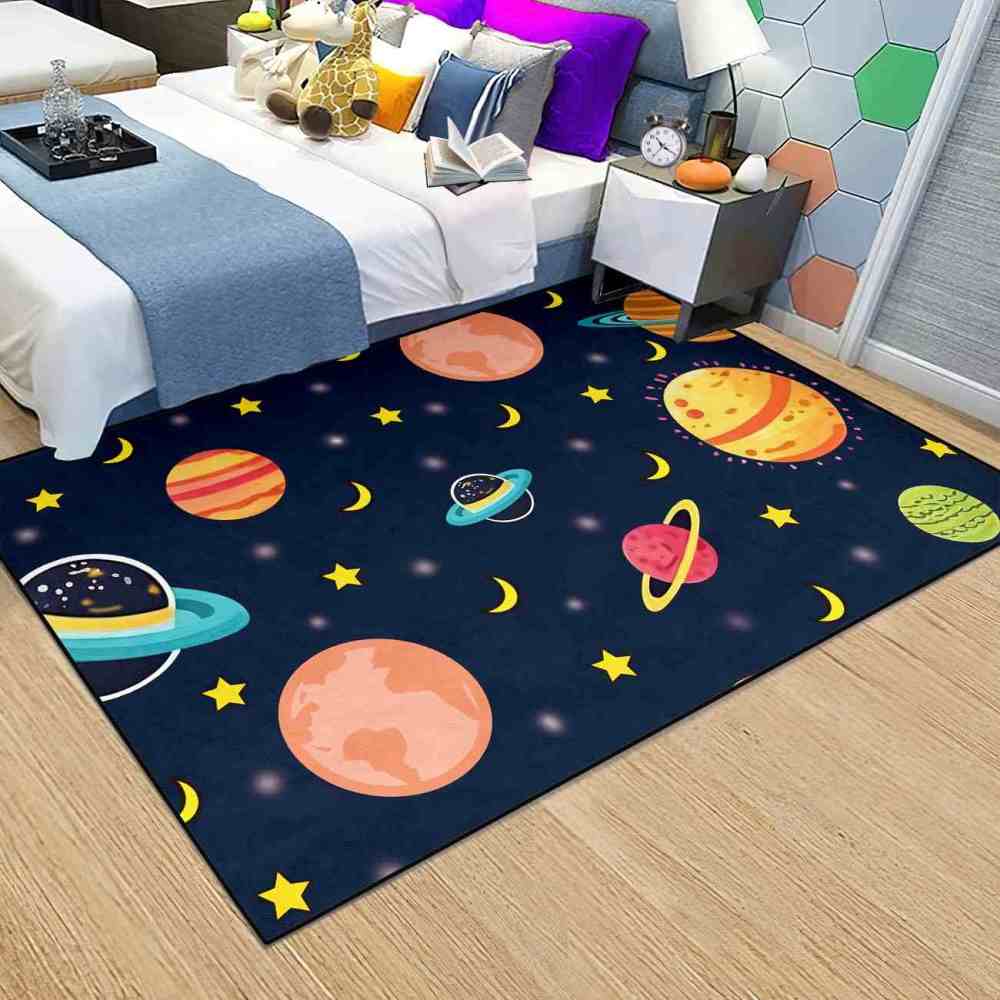 Dark Blue Cosmic Planets & Moons Kids Playroom Rug | CozyLil