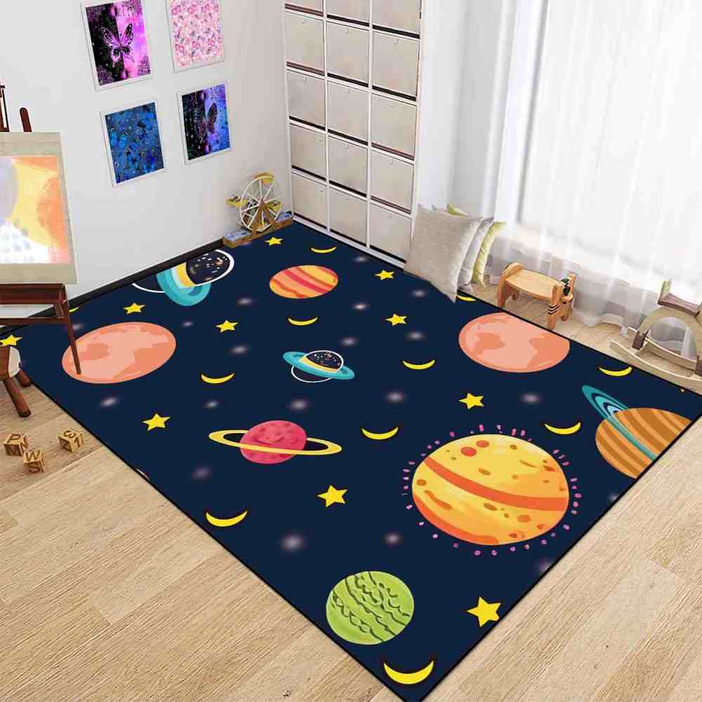 Dark Blue Cosmic Planets & Moons Kids Playroom Rug | CozyLil