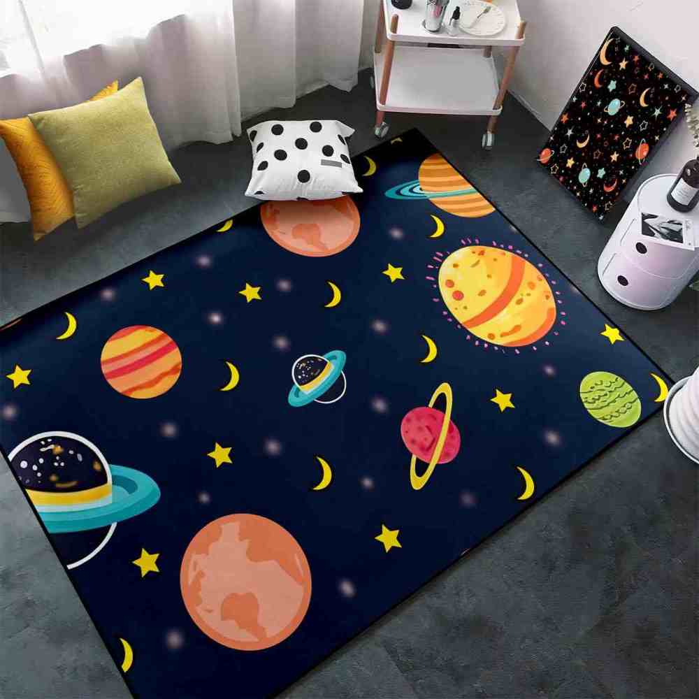 Dark Blue Cosmic Planets & Moons Kids Playroom Rug | CozyLil