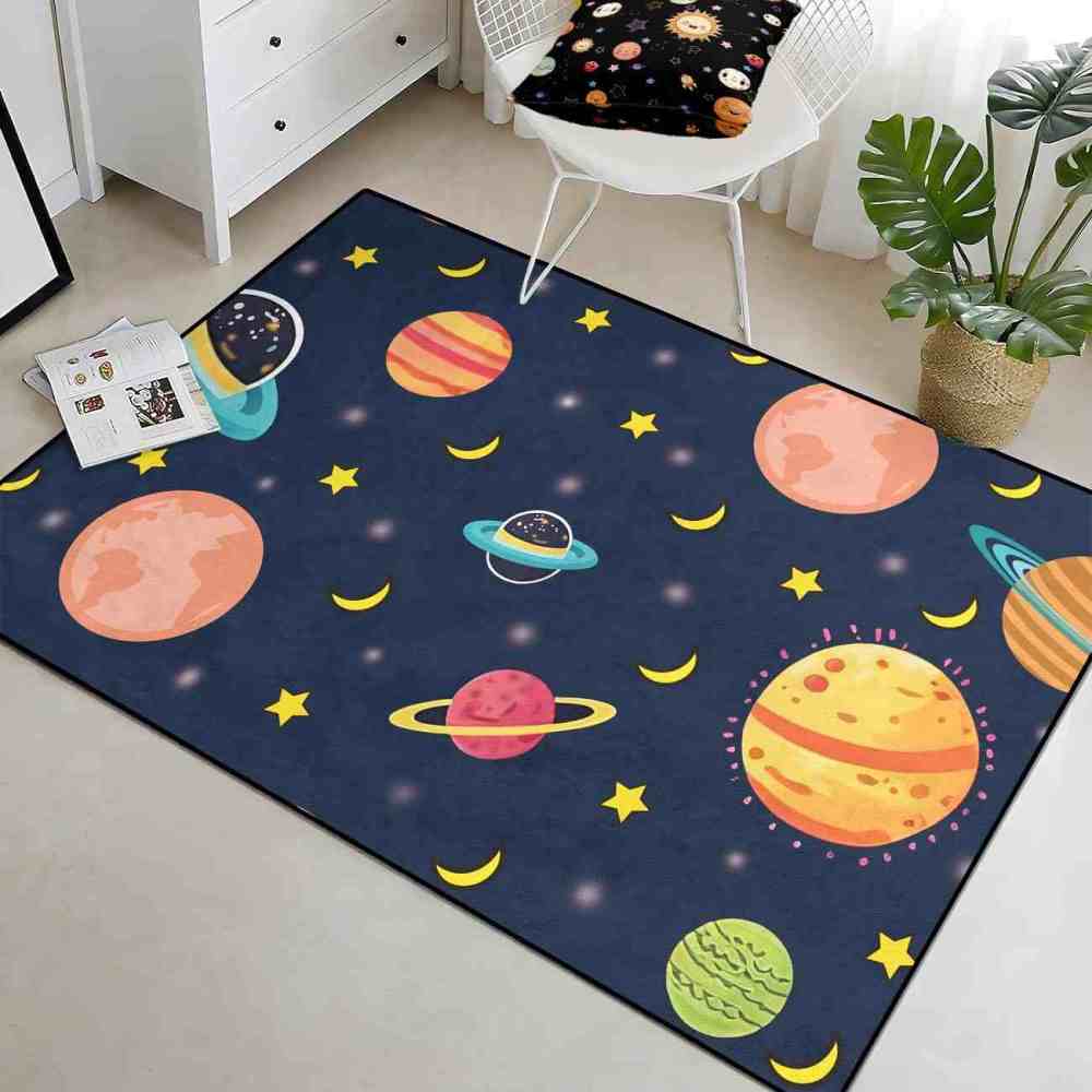 Dark Blue Cosmic Planets & Moons Kids Playroom Rug | CozyLil