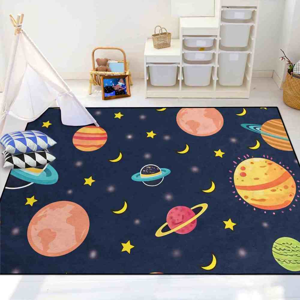 Dark Blue Cosmic Planets & Moons Kids Playroom Rug | CozyLil