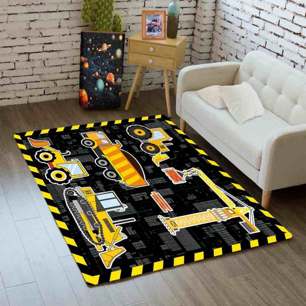 Yellow Crane & Excavator Grid Boys Play Rug Ultra Non-Slip | CozyLil