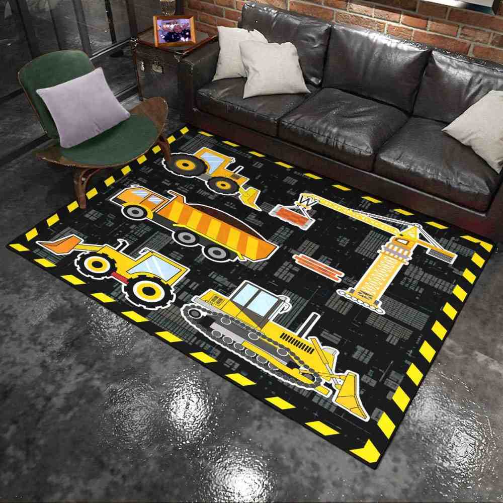 Yellow Crane & Excavator Grid Boys Play Rug Ultra Non-Slip | CozyLil