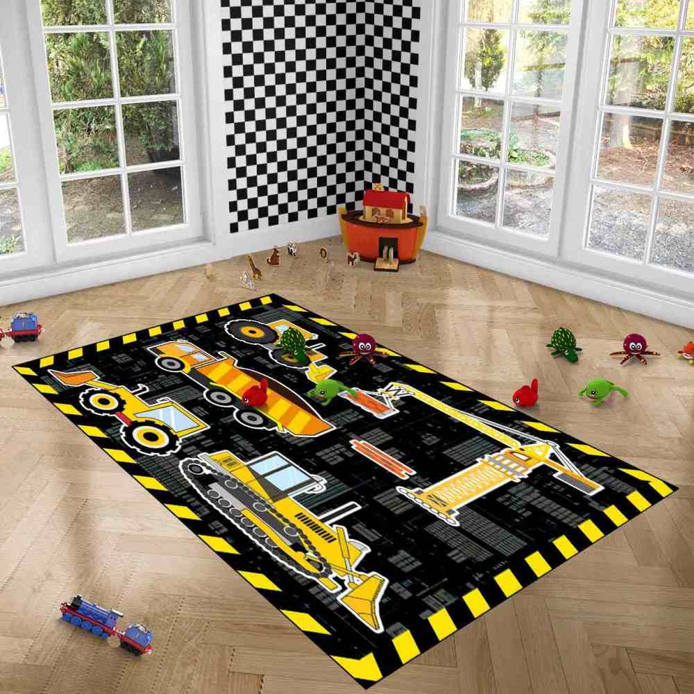 Yellow Crane & Excavator Grid Boys Play Rug Ultra Non-Slip | CozyLil