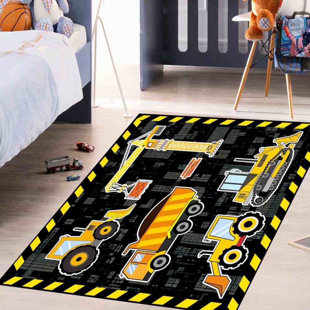 Yellow Crane & Excavator Grid Boys Play Rug Ultra Non-Slip | CozyLil