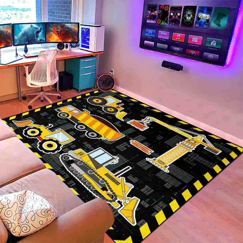 Yellow Crane & Excavator Grid Boys Play Rug Ultra Non-Slip | CozyLil