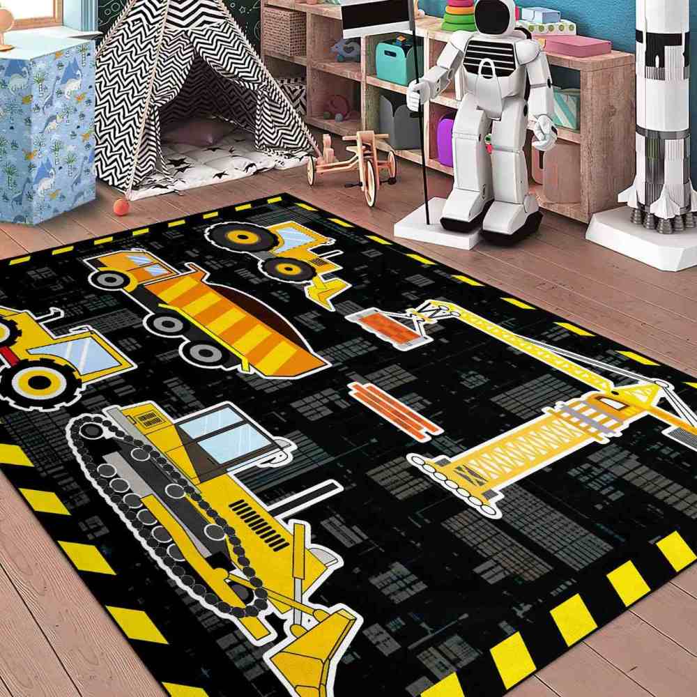 Yellow Crane & Excavator Grid Boys Play Rug Ultra Non-Slip | CozyLil