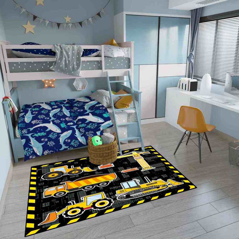 Yellow Crane & Excavator Grid Boys Play Rug Ultra Non-Slip | CozyLil