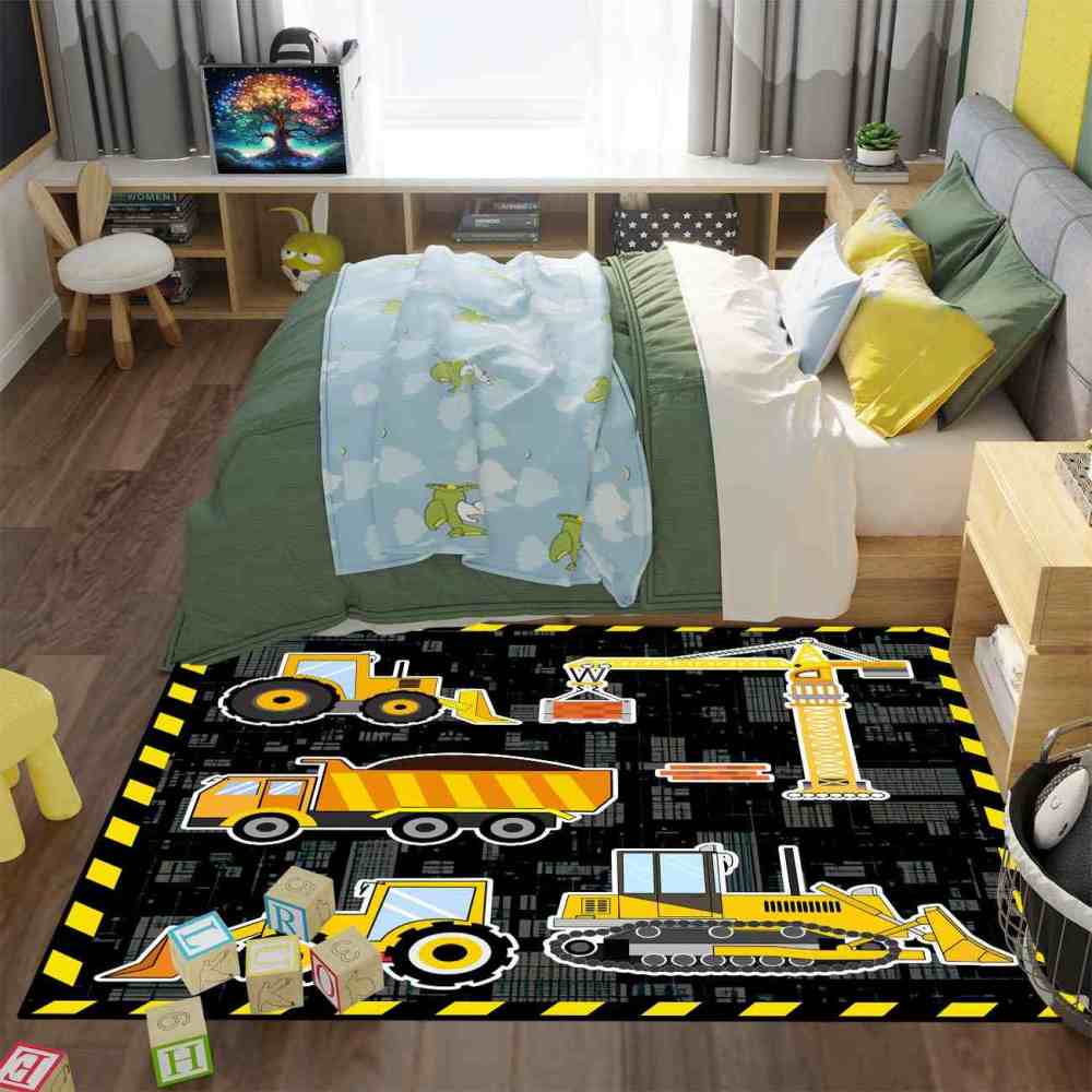 Yellow Crane & Excavator Grid Boys Play Rug Ultra Non-Slip | CozyLil
